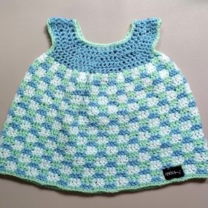 Crochet Baby Dress – Blue & Checkered Pattern Handmade