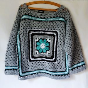 Handmade Crochet Granny Square Jersey – Grey, Turquoise, and Black Boho Statement Sweater