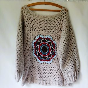 Handmade Crochet Mandala Granny Square Jersey – Wheat Boho Statement Sweater