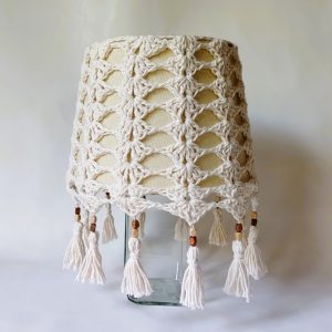 Handmade Crochet Lampshade with Tassels and Wooden Beads – Cream Boho Lamp Cover